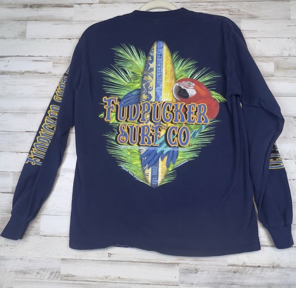 Fudpucker Surf Co Mens M Long Sleeve Shirt Parrot Surfboard Florida Beach Blue